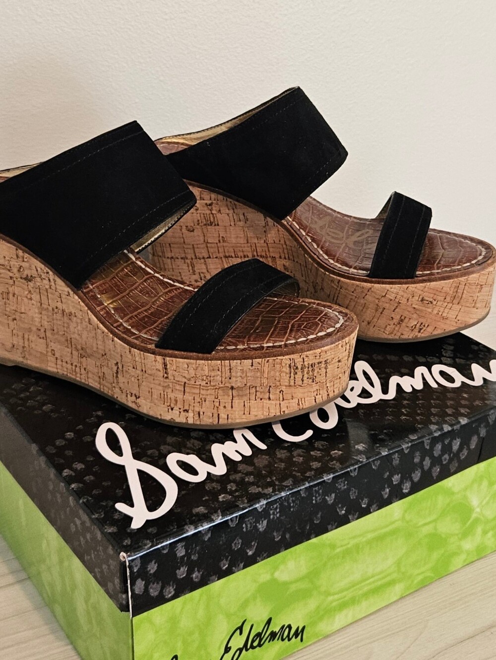 Sam Edelman Dali Sz 6.5 Black Suede Cork Platform Wedge Sandals